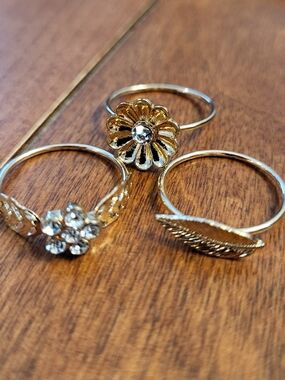 Gold Floral and Wing Stacking Ring Set - Gold Flower Rings